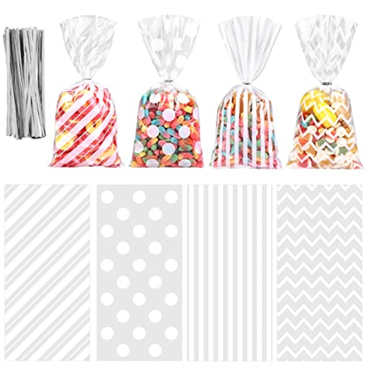 100 Pack White Cellophane Bags Plastic Candy Bags Gift Bags Goodie Bags with Twist Ties for Valentine, Birthday, Gift Cookie Snack Packing Party Favor Supplies